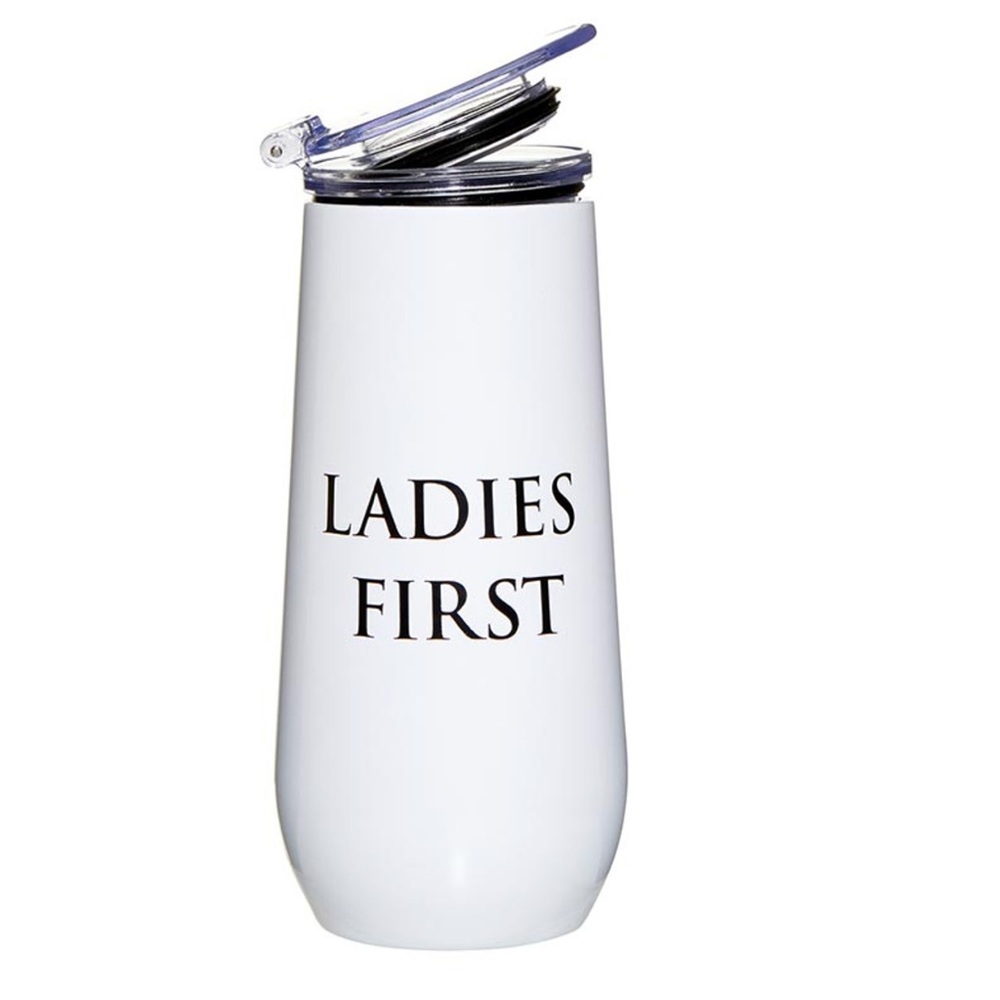 Champagne tumbler, 12 oz stainless steel, w/lid, “Ladies First” on front.